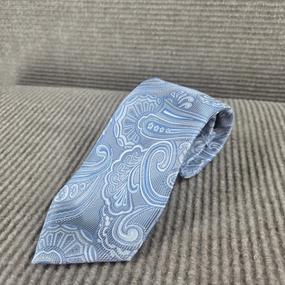HI-TIE Mens Blue Silver Paisley Hand Tailored Silk Necktie